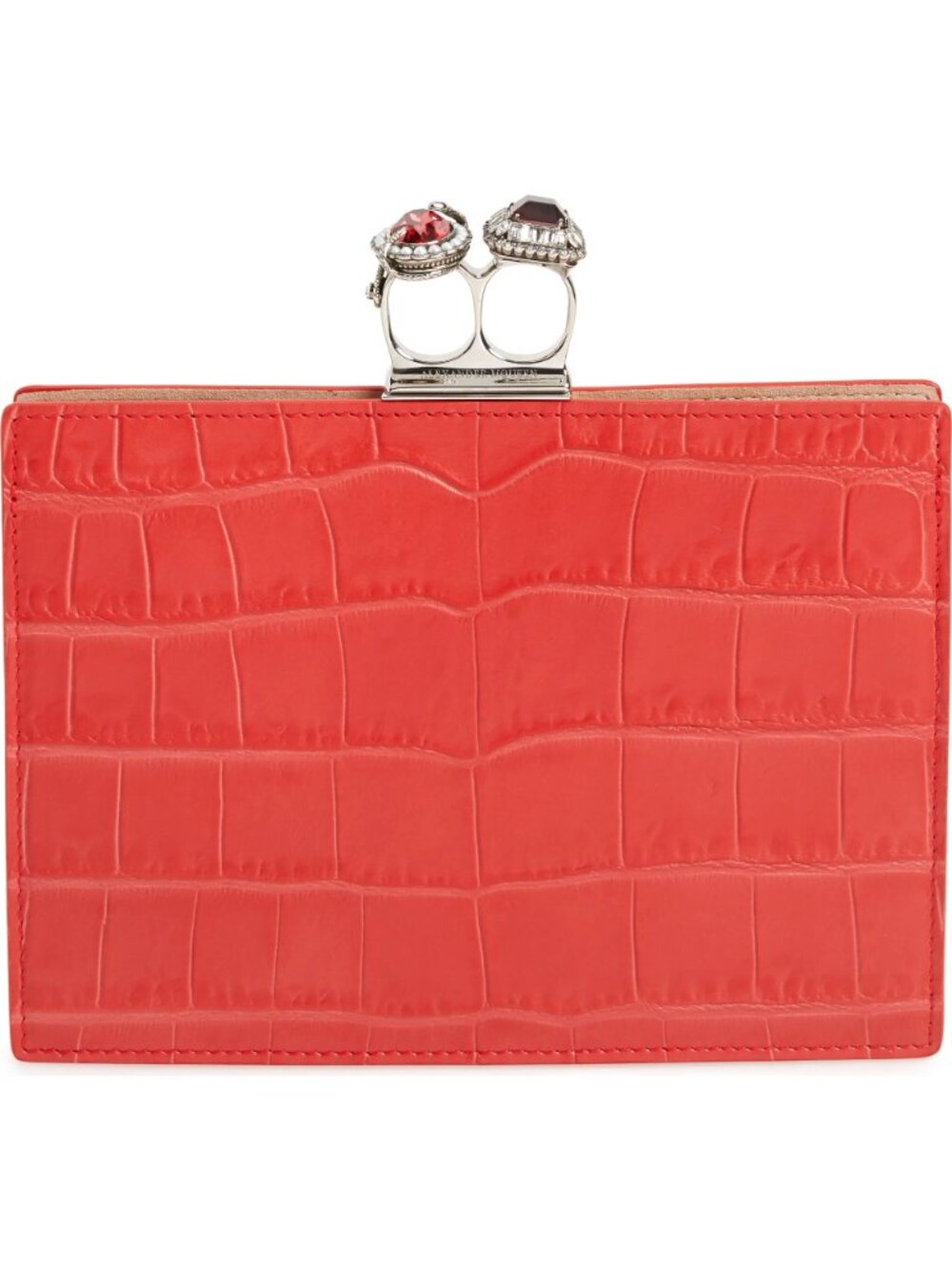 Alexander Mcqueen Jewelled Two Ring Red Croc Embossed Leather Flat Clutch Bag